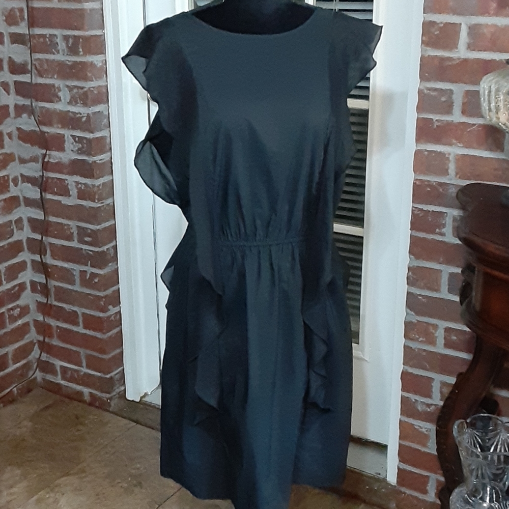 Gap black ruffled silk blend sleeveless dress elastic waistband size 14 …NEW
